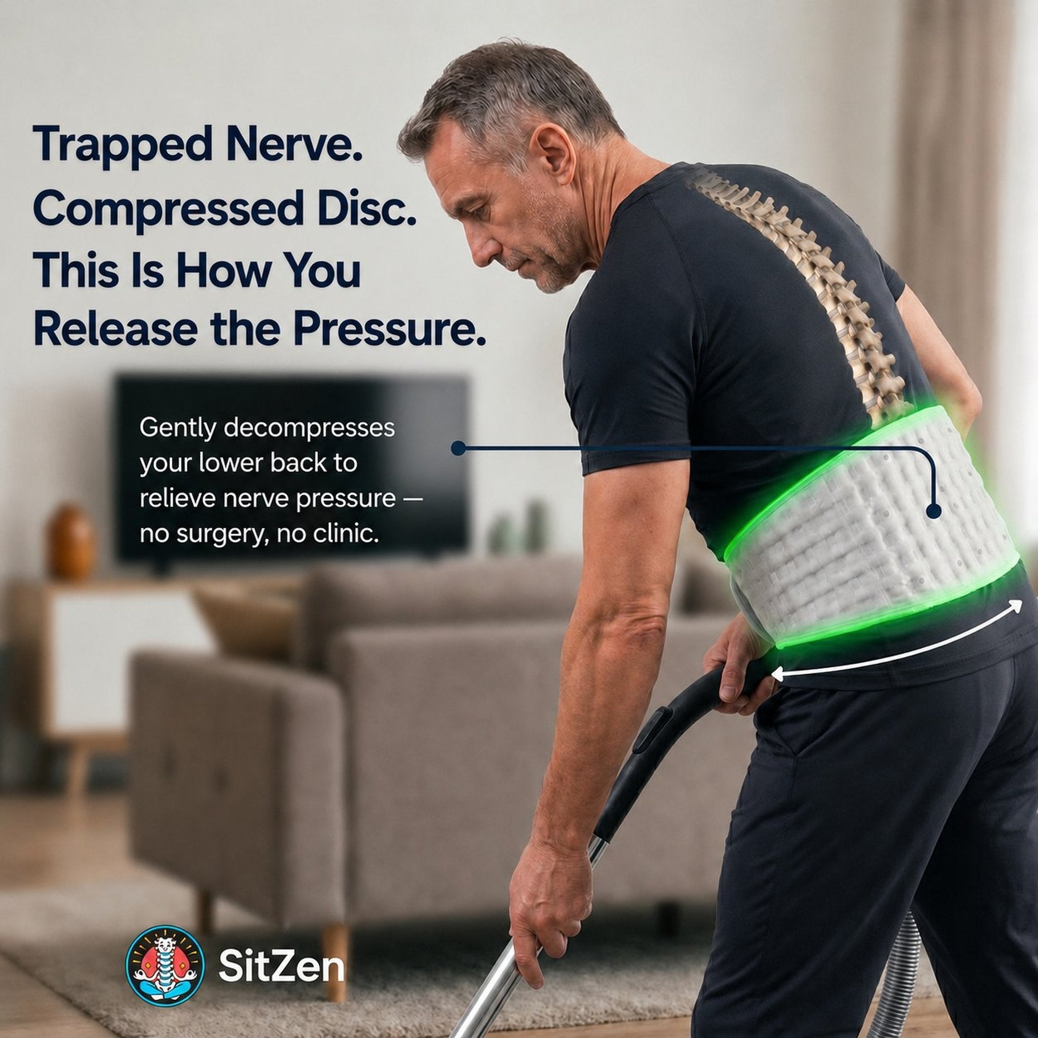 SitZen lumbar decompression belt for lower back pain – air traction worn during daily activity