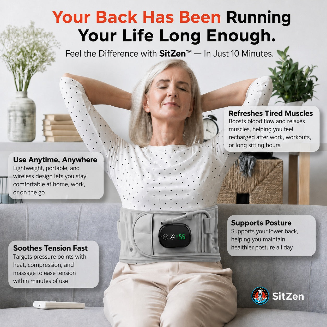 SitZen back support belt benefits – soothes tension fast, supports posture, refreshes tired muscles