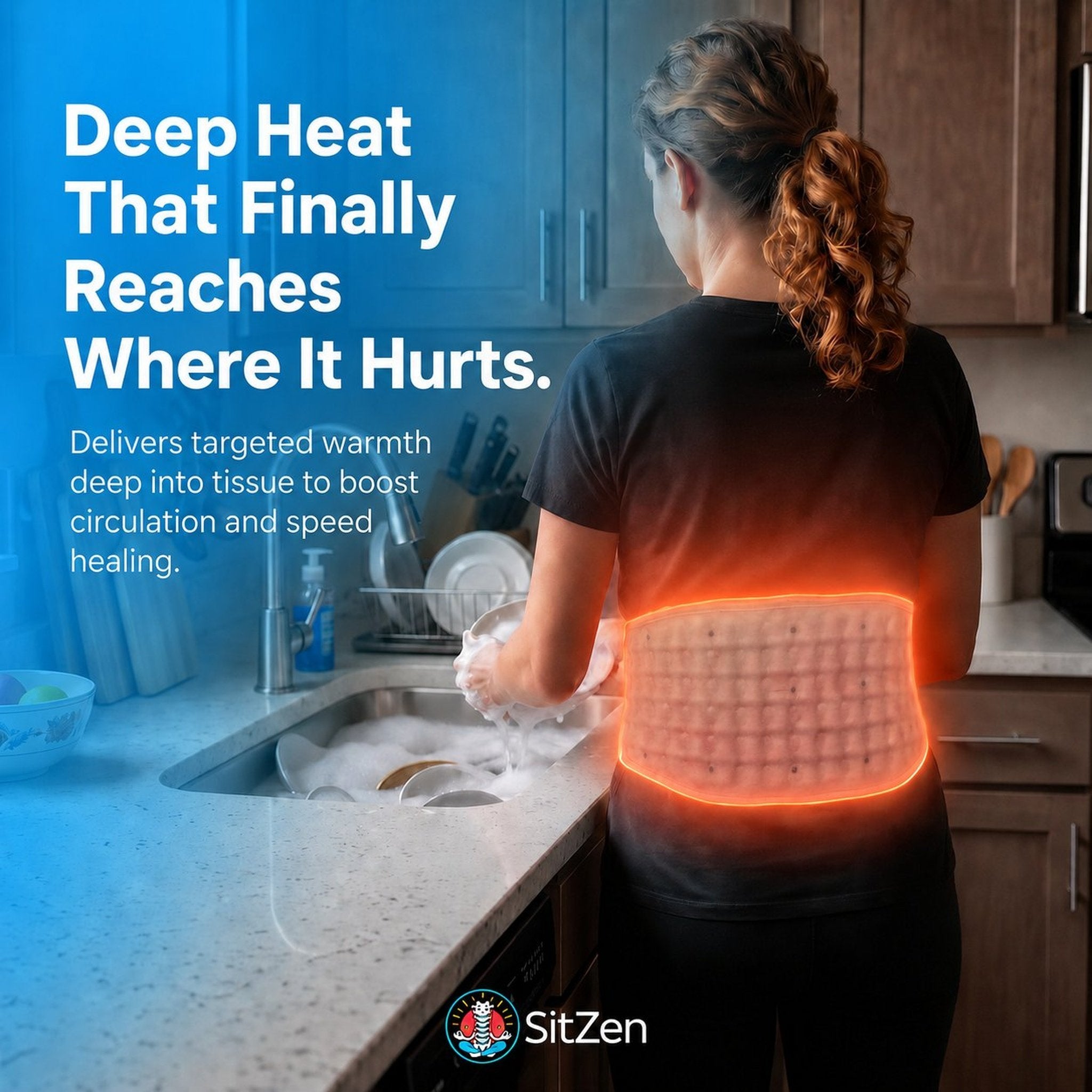 SitZen heated back brace delivering deep heat therapy to lumbar spine
